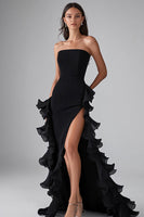 Load image into Gallery viewer, Black Square Neck Satin Long Formal Dress with Slit