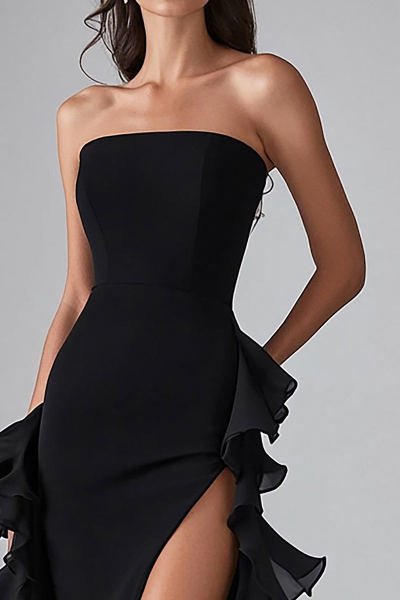 Load image into Gallery viewer, Black Square Neck Satin Long Formal Dress with Slit