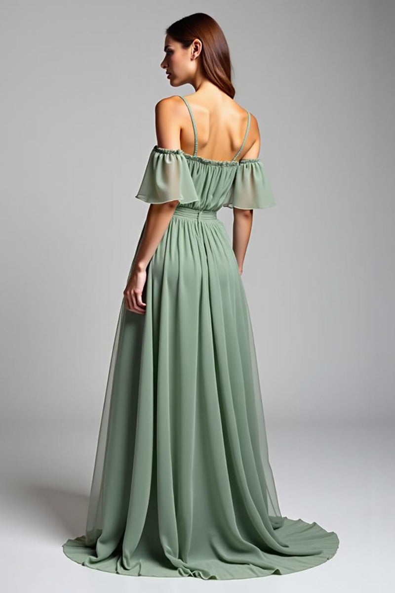 Load image into Gallery viewer, A Line Dusty Sage Cold Shoulder Long Formal Dress