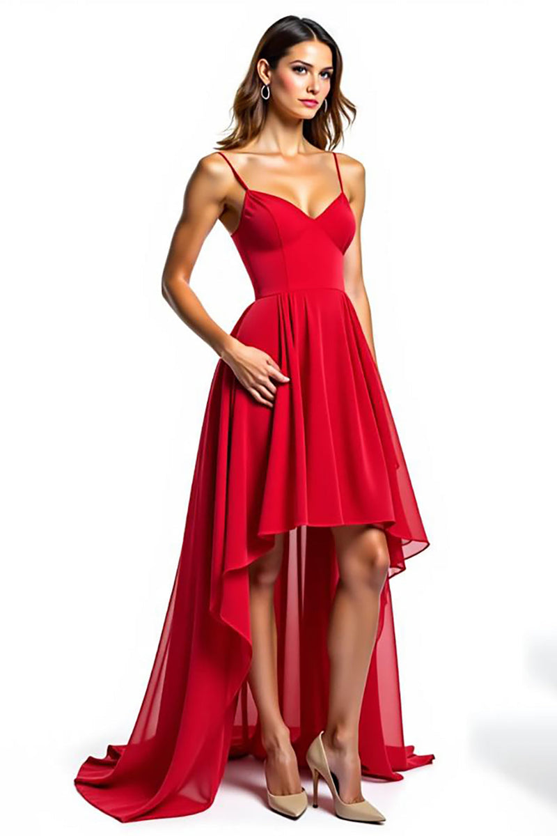 Load image into Gallery viewer, Spaghetti Straps Red Chiffon High-Low Formal Dress