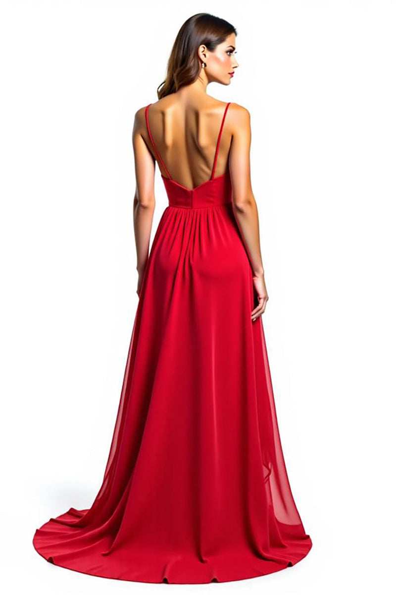 Load image into Gallery viewer, Spaghetti Straps Red Chiffon High-Low Formal Dress