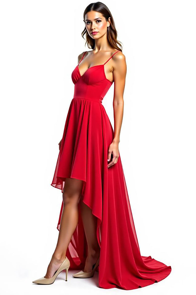Load image into Gallery viewer, Spaghetti Straps Red Chiffon High-Low Formal Dress