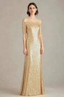 Load image into Gallery viewer, Sparkly Gold Square Neck Sheath Long Formal Dress