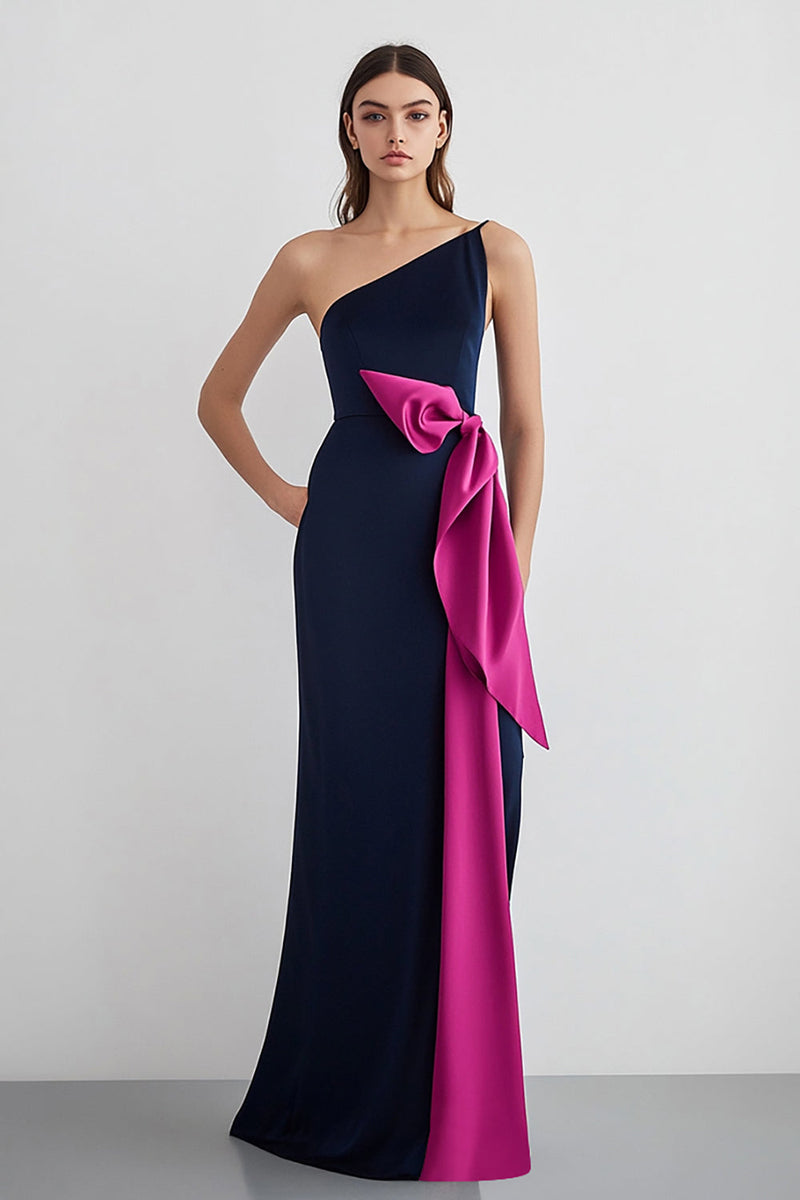Load image into Gallery viewer, Navy Fuchsia One Shoulder Satin Sheath Long Formal Dress