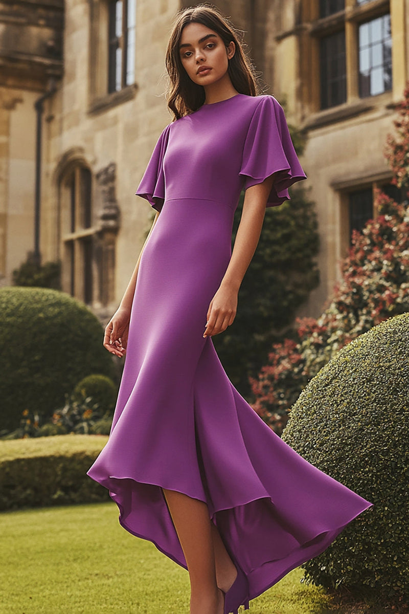 Load image into Gallery viewer, Round Neck Plum Short Sleeves Long Formal Dress