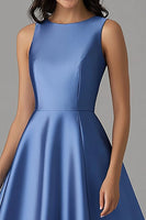 Load image into Gallery viewer, A Line Satin Blue Scoop Long Formal Dress