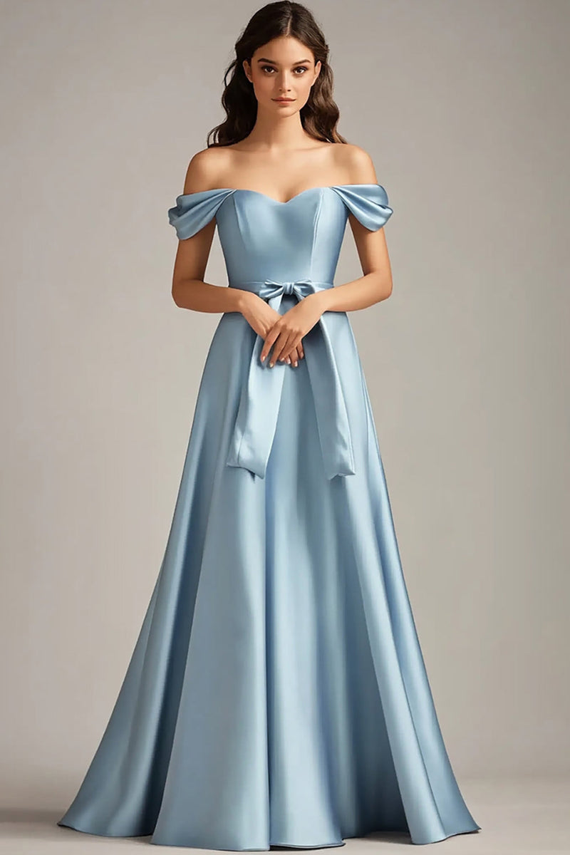 Load image into Gallery viewer, A Line Bowknot Sky Blue Satin Long Formal Dress