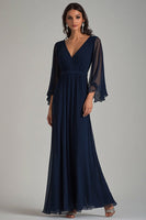 Load image into Gallery viewer, Navy V-Neck Chiffon Long Formal Dress with Half Sleeves