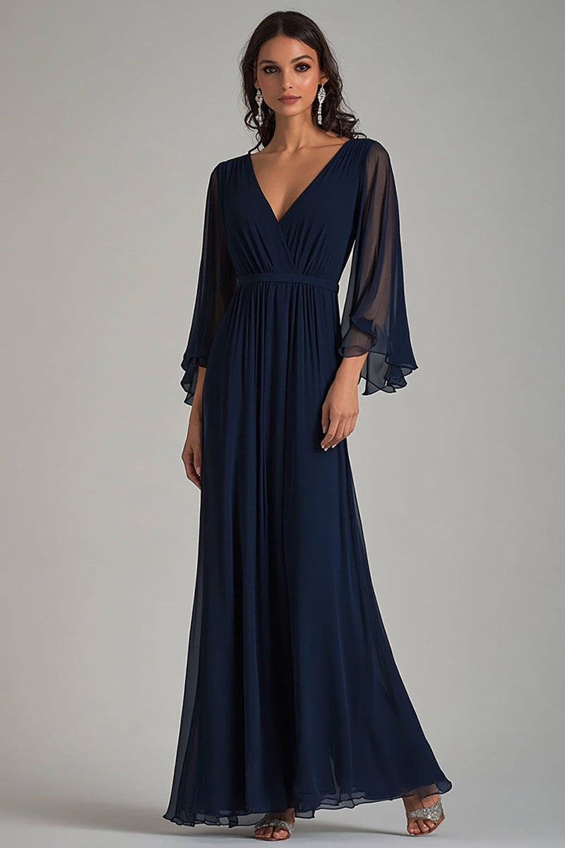 Load image into Gallery viewer, Navy V-Neck Chiffon Long Formal Dress with Half Sleeves