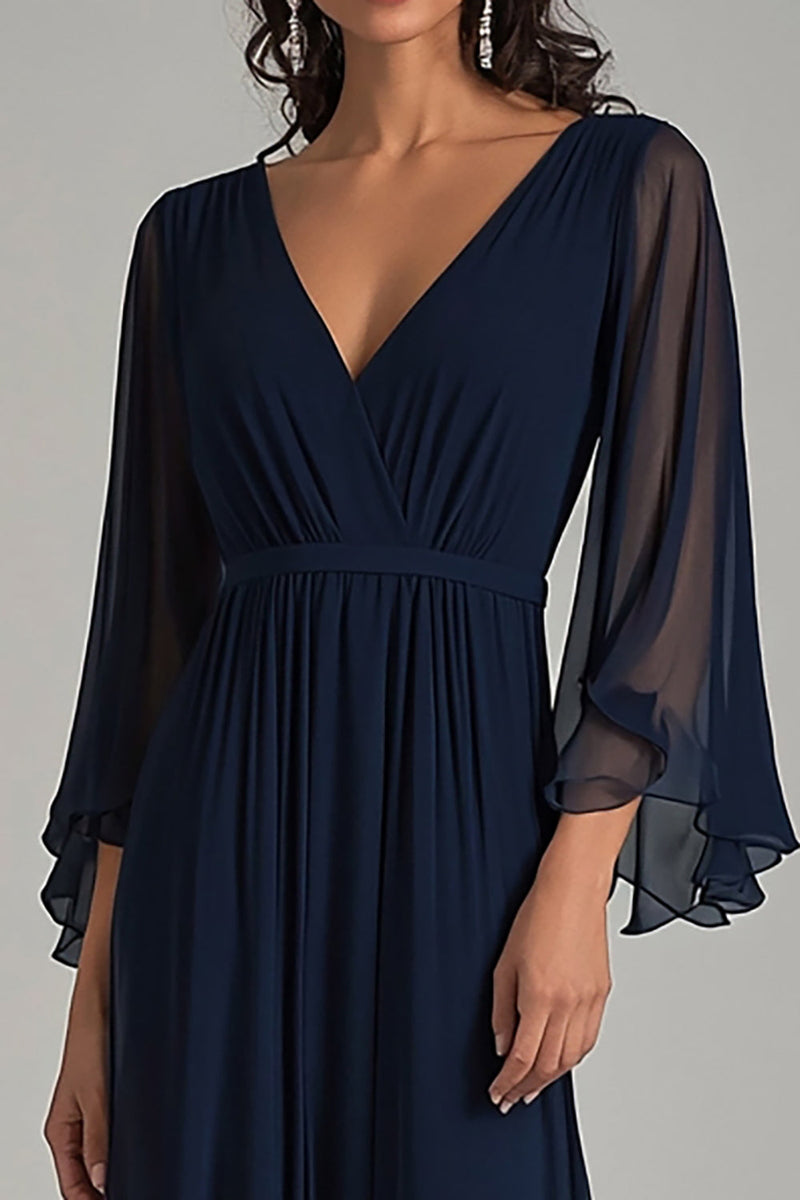 Load image into Gallery viewer, Navy V-Neck Chiffon Long Formal Dress with Half Sleeves