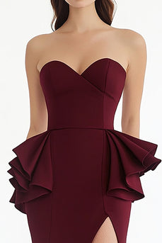 Strapless Burgundy Sheath Long Formal Dress with Slit