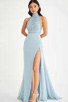 Load image into Gallery viewer, Halter Neck Sky Blue Chiffon Long Formal Dress with Slit