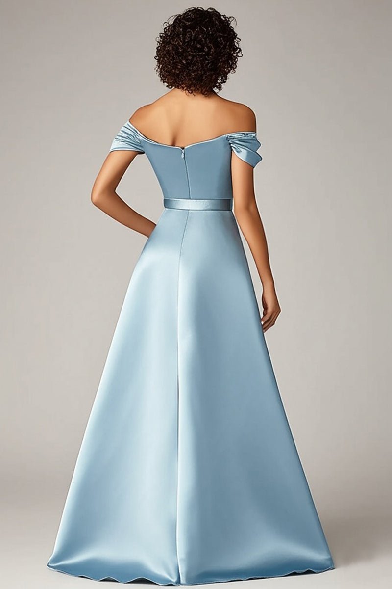 Load image into Gallery viewer, Sky Blue Off the Shoulder Satin Long Formal Dress