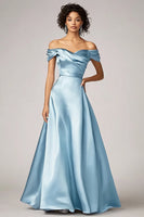 Load image into Gallery viewer, Sky Blue Off the Shoulder Satin Long Formal Dress