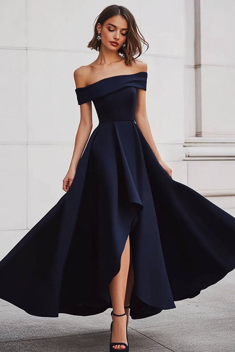 Load image into Gallery viewer, A Line Black Off the Shoulder Long Formal Dress with Slit