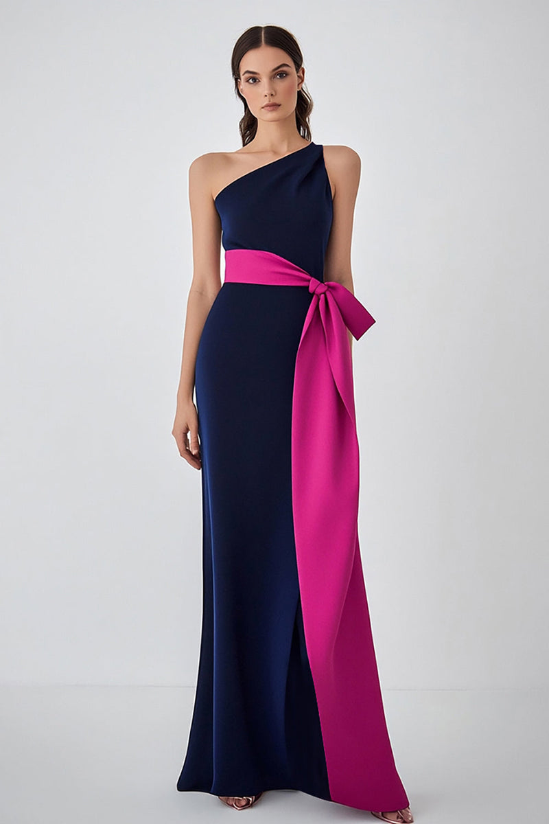 Load image into Gallery viewer, Satin Navy Fuchsia One Shoulder Long Formal Dress