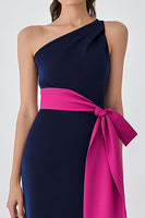 Load image into Gallery viewer, Satin Navy Fuchsia One Shoulder Long Formal Dress