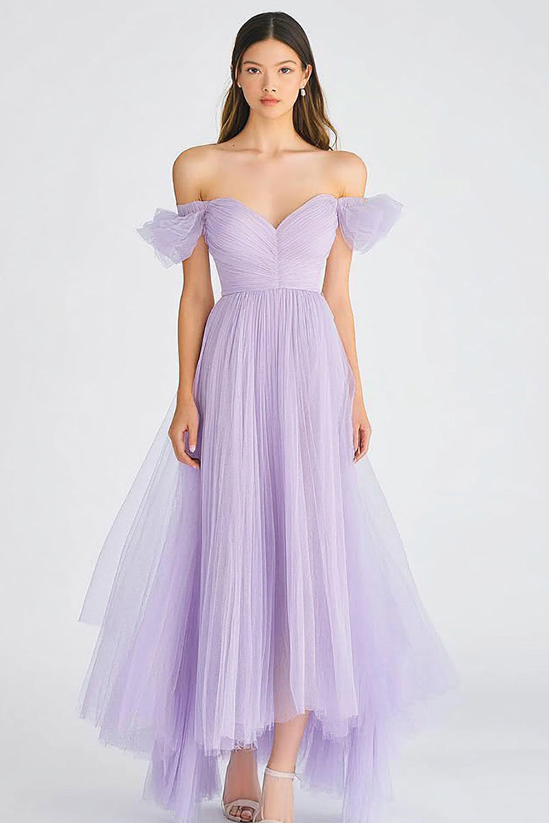 Load image into Gallery viewer, Off the Shoulder Lilac Tulle Asymmetrical Long Formal Dress