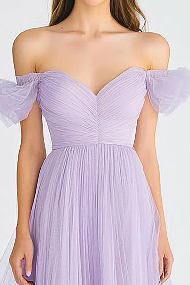 Load image into Gallery viewer, Off the Shoulder Lilac Tulle Asymmetrical Long Formal Dress