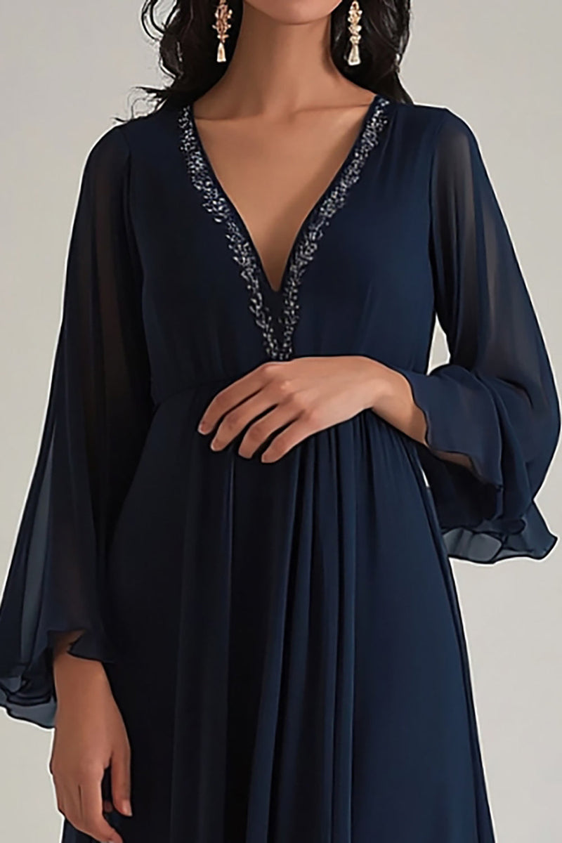 Load image into Gallery viewer, Navy Deep V-Neck Chiffon Long Formal Dress with Sleeves