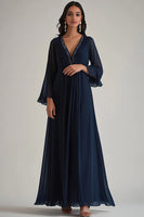 Load image into Gallery viewer, Navy Deep V-Neck Chiffon Long Formal Dress with Sleeves