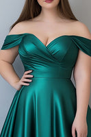Load image into Gallery viewer, Dark Green Plus Size Off the Shoulder Long Satin Formal Dress