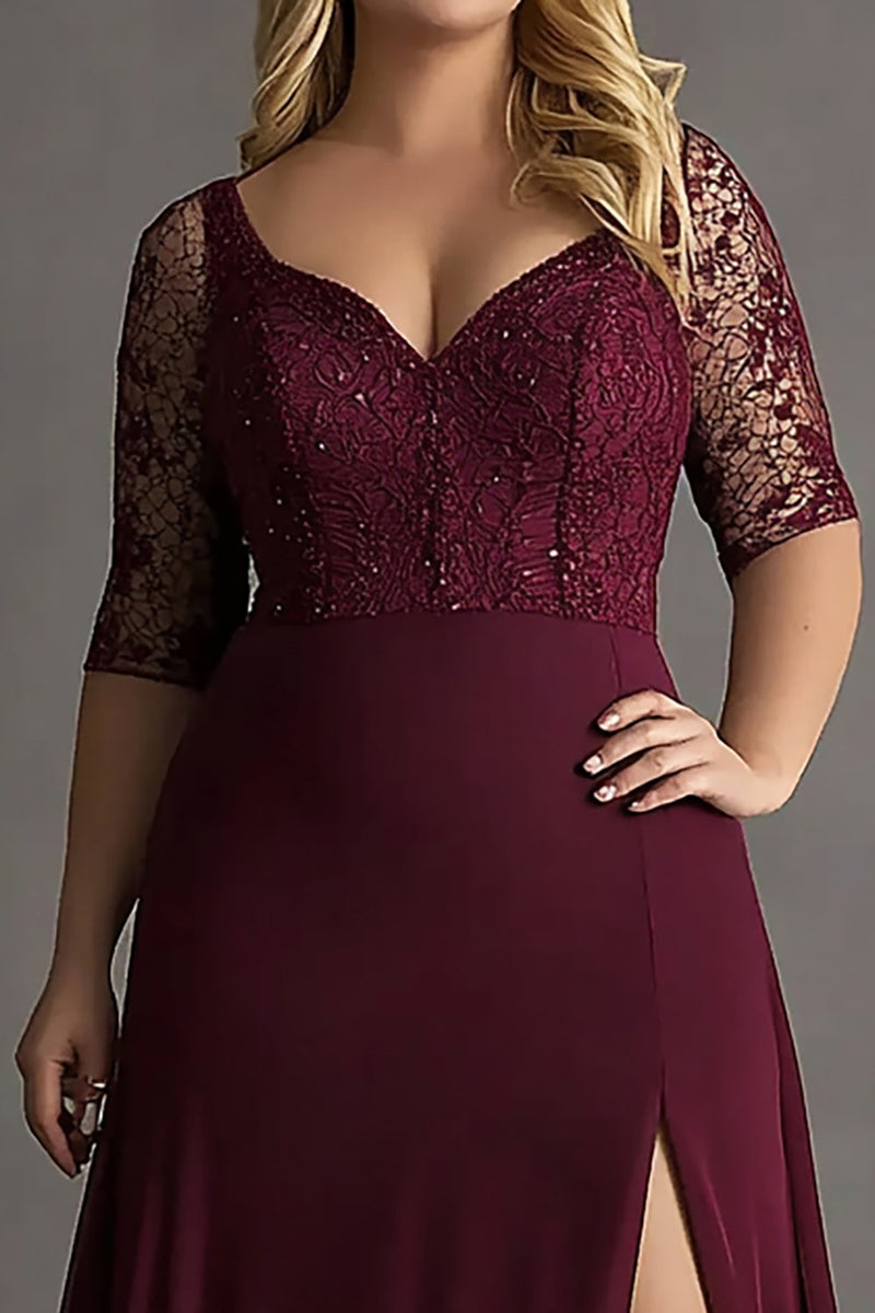 Queendancer Women Burgundy Plus Size A Line Formal Dress with Slit Lace  Embroideried Short Sleeves Wedding Guest Dress  queendanceruk