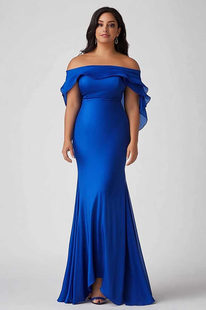 Load image into Gallery viewer, Royal Blue Off the Shoulder Sheath Long Plus Size Formal Dress