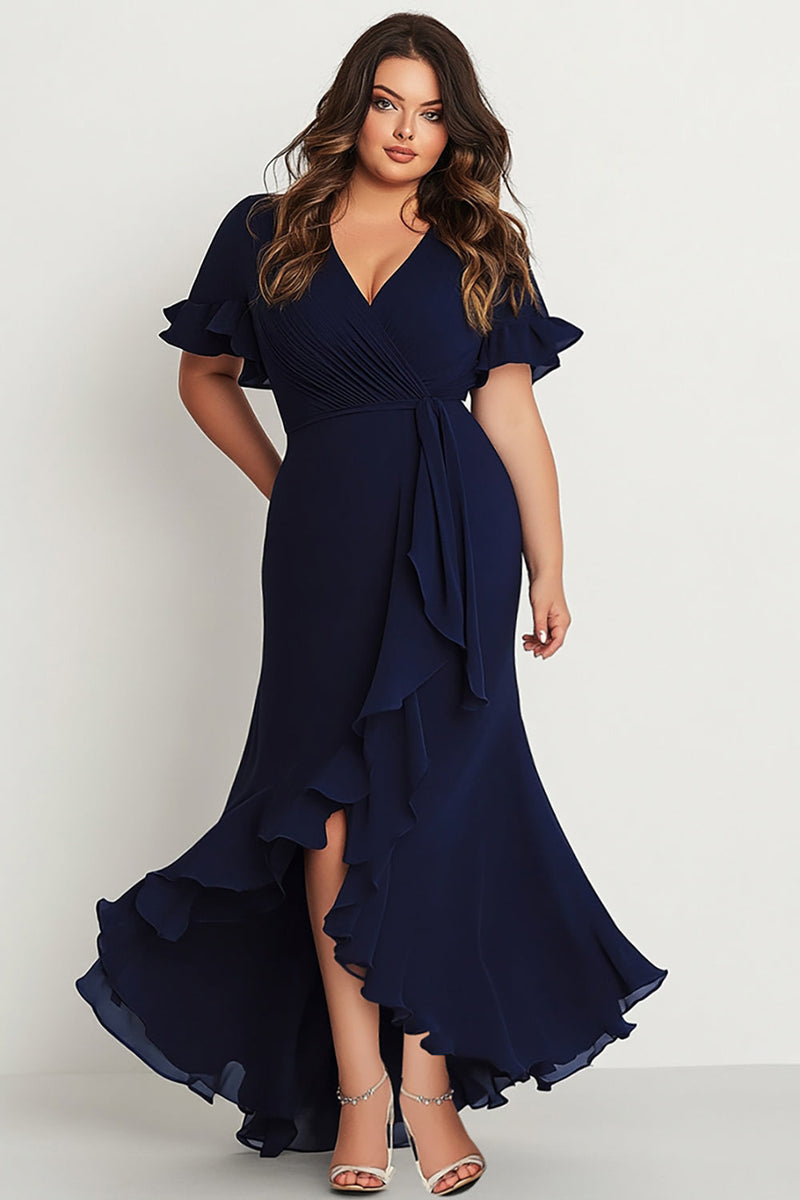 Load image into Gallery viewer, Navy Short Sleeves V-Neck Long Plus Size Formal Dress
