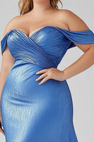 Load image into Gallery viewer, Off the Shoulder Blue Satin Long Plus Size Formal Dress