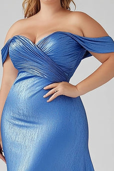 Off the Shoulder Blue Satin Long Plus Size Formal Dress