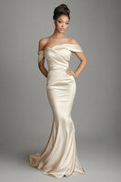 Load image into Gallery viewer, Satin Sheath Champagne Long Formal Dress