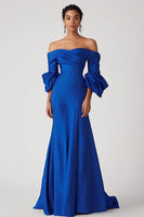 Load image into Gallery viewer, Satin Royal Blue Off the Shoulder Long Formal Dress with Half Sleeves