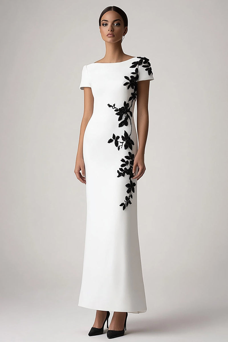Load image into Gallery viewer, Appliqued White Sheath Long Formal Dress with Short Sleeves
