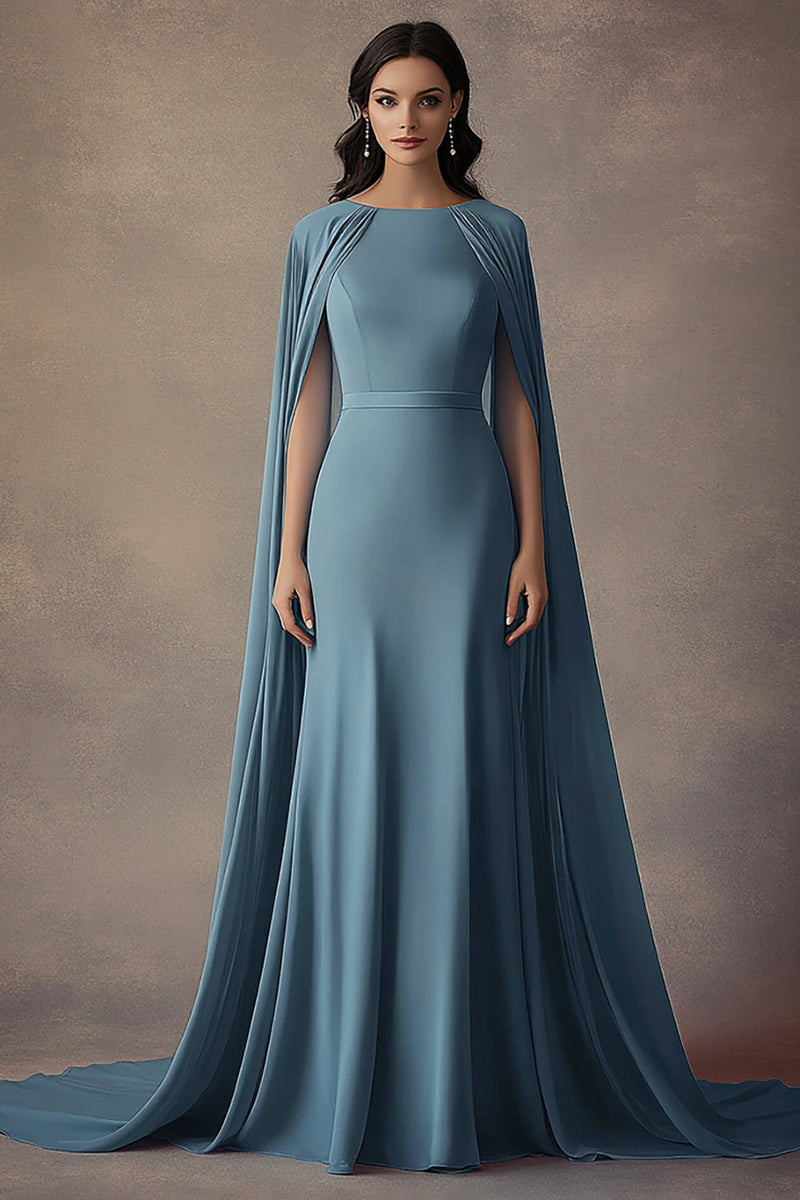 Load image into Gallery viewer, Ruched Grey Blue Round Neck Long Formal Dress with Shawl