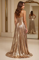 Load image into Gallery viewer, Champagne Metallic A Line Pleated Long Prom Dress