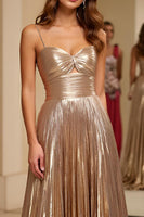 Load image into Gallery viewer, Champagne Metallic A Line Pleated Long Prom Dress
