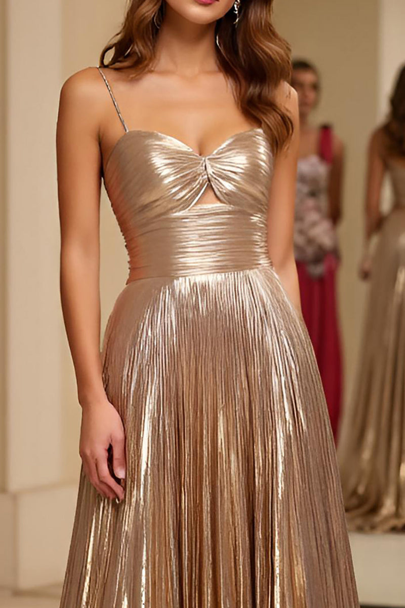 Load image into Gallery viewer, Champagne Metallic A Line Pleated Long Prom Dress