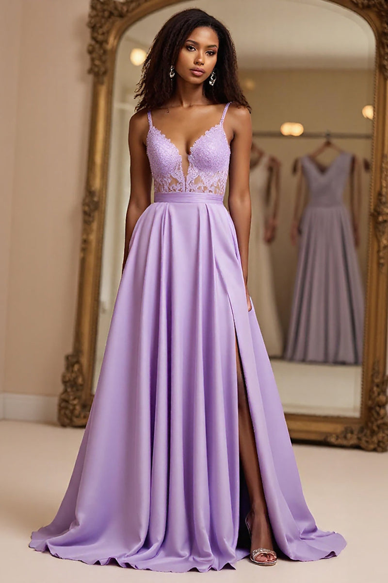 Load image into Gallery viewer, Lilac A Line Spaghetti Straps Long Prom Dress with Lace