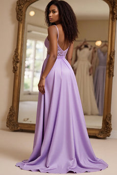 Lilac A Line Spaghetti Straps Long Prom Dress with Lace