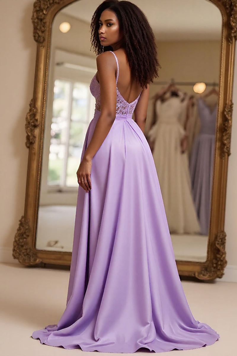 Load image into Gallery viewer, Lilac A Line Spaghetti Straps Long Prom Dress with Lace
