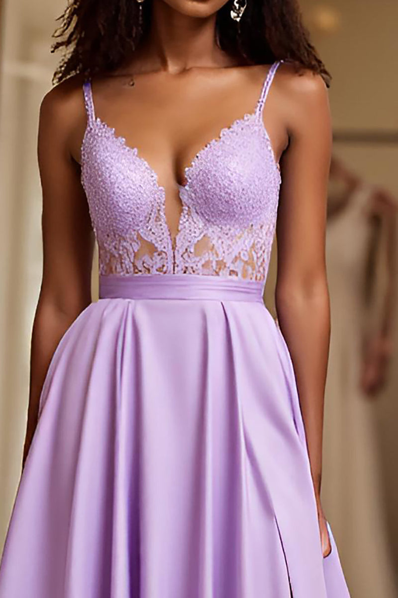 Load image into Gallery viewer, Lilac A Line Spaghetti Straps Long Prom Dress with Lace