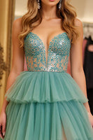 Load image into Gallery viewer, Green A Line Tiered Long Tulle Prom Dress with Slit