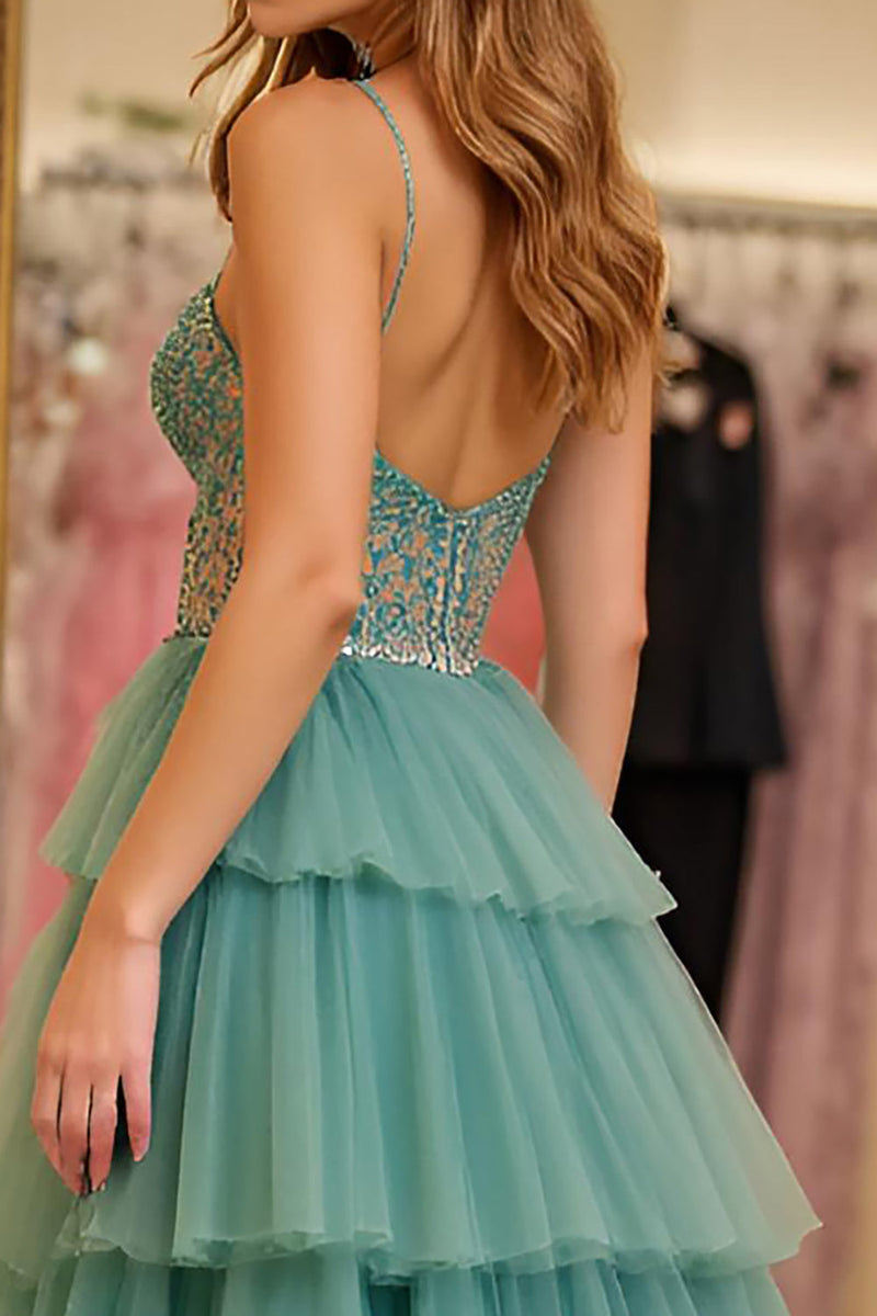 Load image into Gallery viewer, Green A Line Tiered Long Tulle Prom Dress with Slit