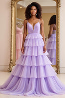 Load image into Gallery viewer, Lilac A Line Tiered Long Tulle Prom Dress with Lace