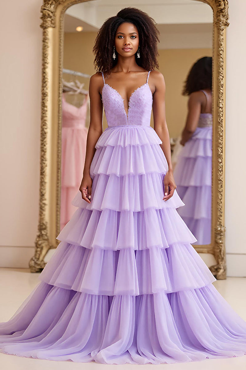 Load image into Gallery viewer, Lilac A Line Tiered Long Tulle Prom Dress with Lace