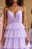 Load image into Gallery viewer, Lilac A Line Tiered Long Tulle Prom Dress with Lace