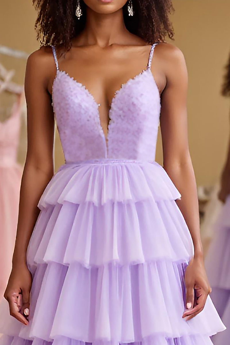Load image into Gallery viewer, Lilac A Line Tiered Long Tulle Prom Dress with Lace