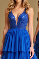 Load image into Gallery viewer, Royal Blue A Line Tiered Long Chiffon Prom Dress with Lace