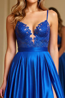 Load image into Gallery viewer, Royal Blue A Line Long Satin Prom Dress with Slit
